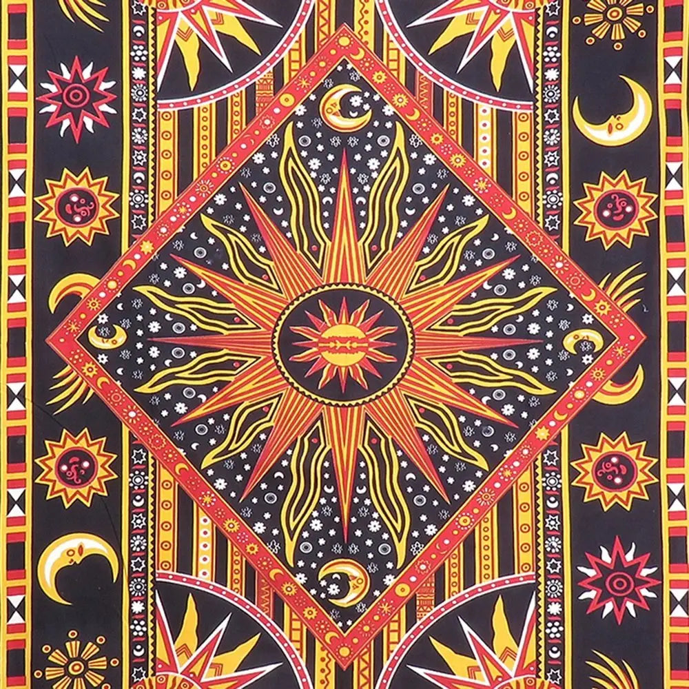 80" X 56" Black Red And Yellow Cotton Star and Sunburst Hanging Tapestry - NOBLE HOME INTERIORS