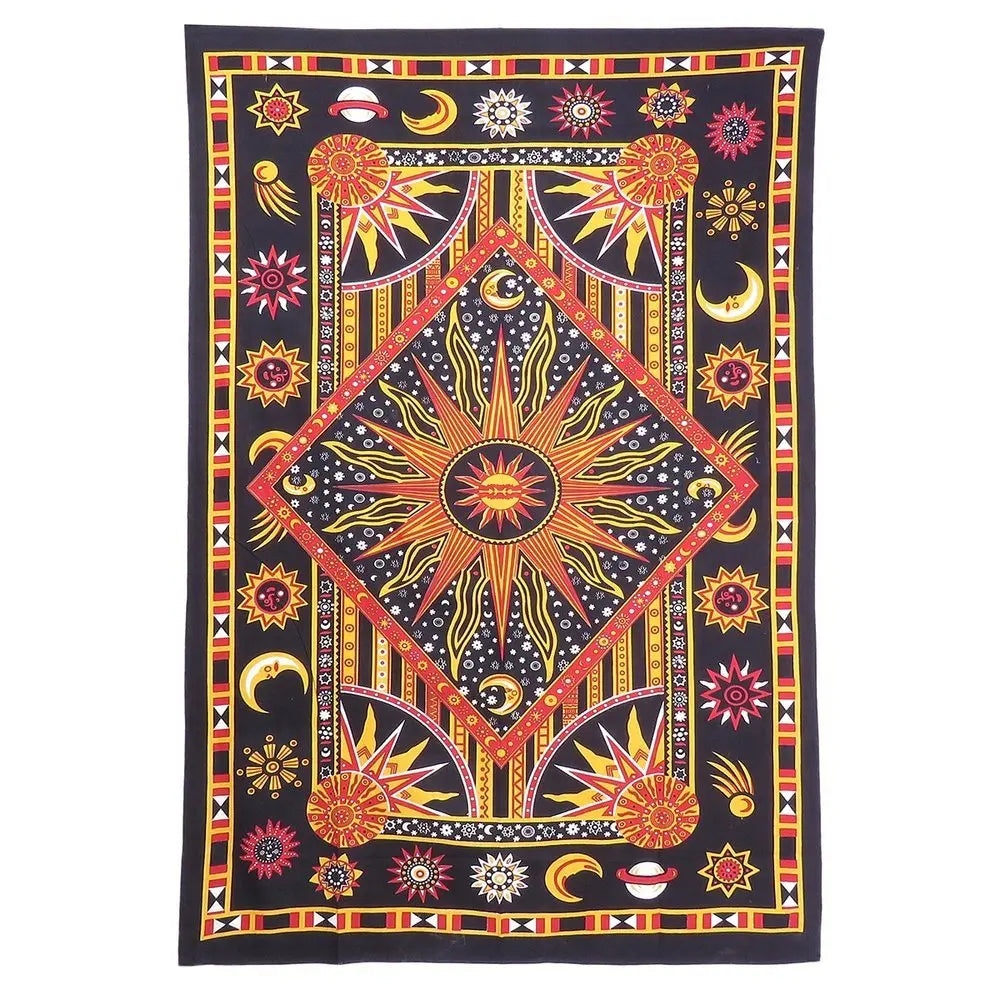 80" X 56" Black Red And Yellow Cotton Star and Sunburst Hanging Tapestry - NOBLE HOME INTERIORS