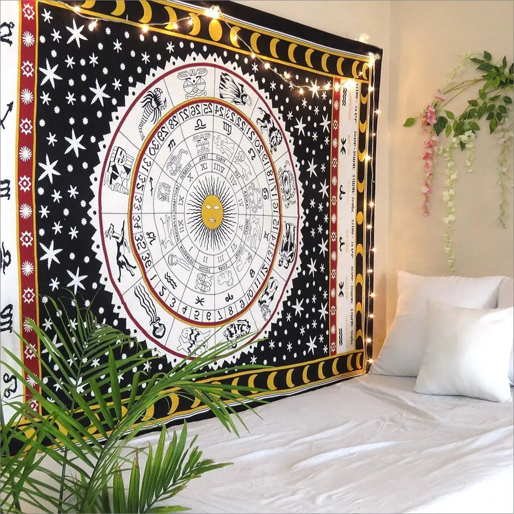 80" X 56" Black White And Yellow Cotton Hanging Tapestry - NOBLE HOME INTERIORS