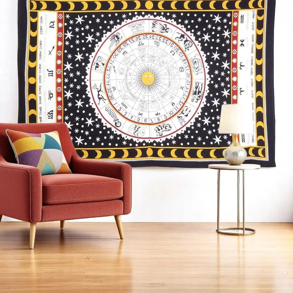 80" X 56" Black White And Yellow Cotton Hanging Tapestry - NOBLE HOME INTERIORS
