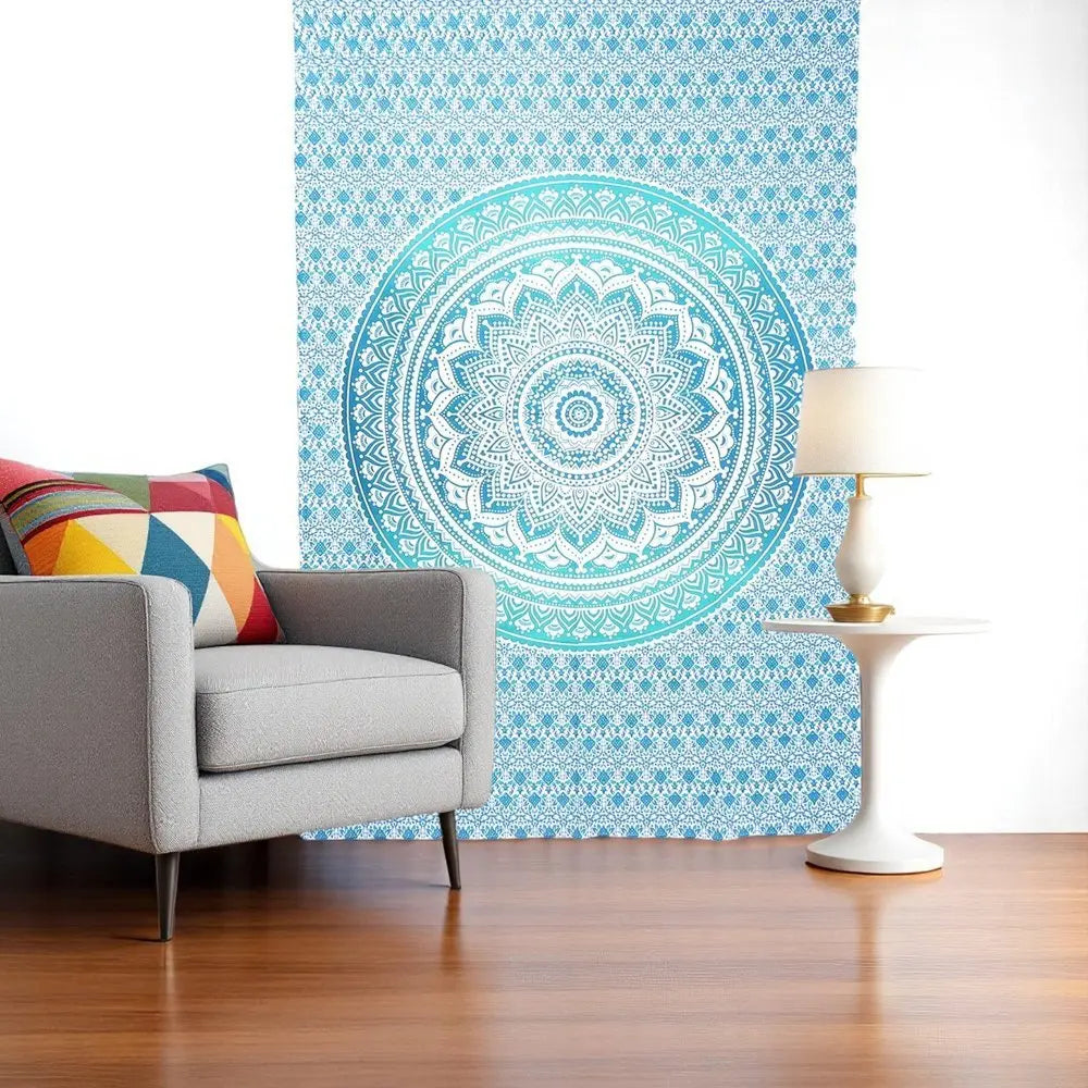 80" X 56" Blue And White Mandala Cotton Hanging Tapestry - NOBLE HOME INTERIORS