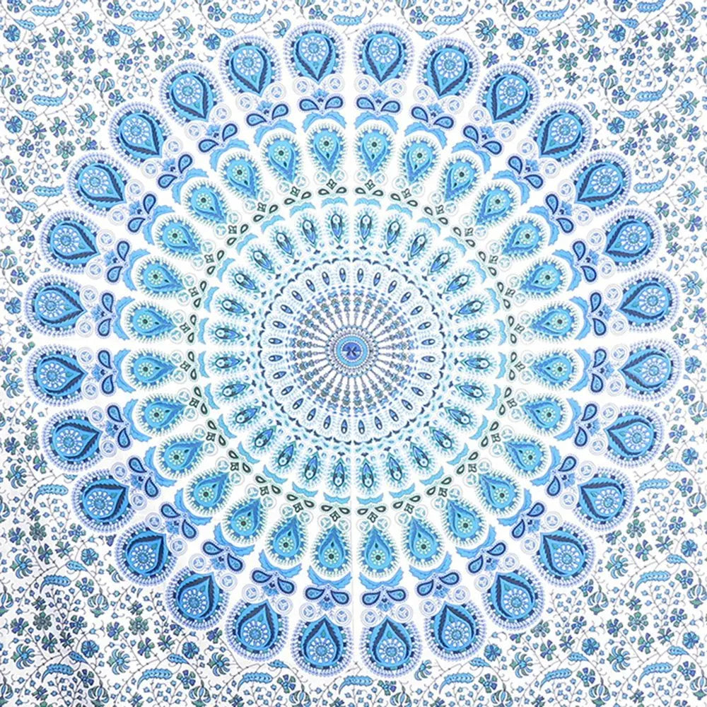 80" X 56" Blue And White Mandala Cotton Hanging Tapestry - NOBLE HOME INTERIORS