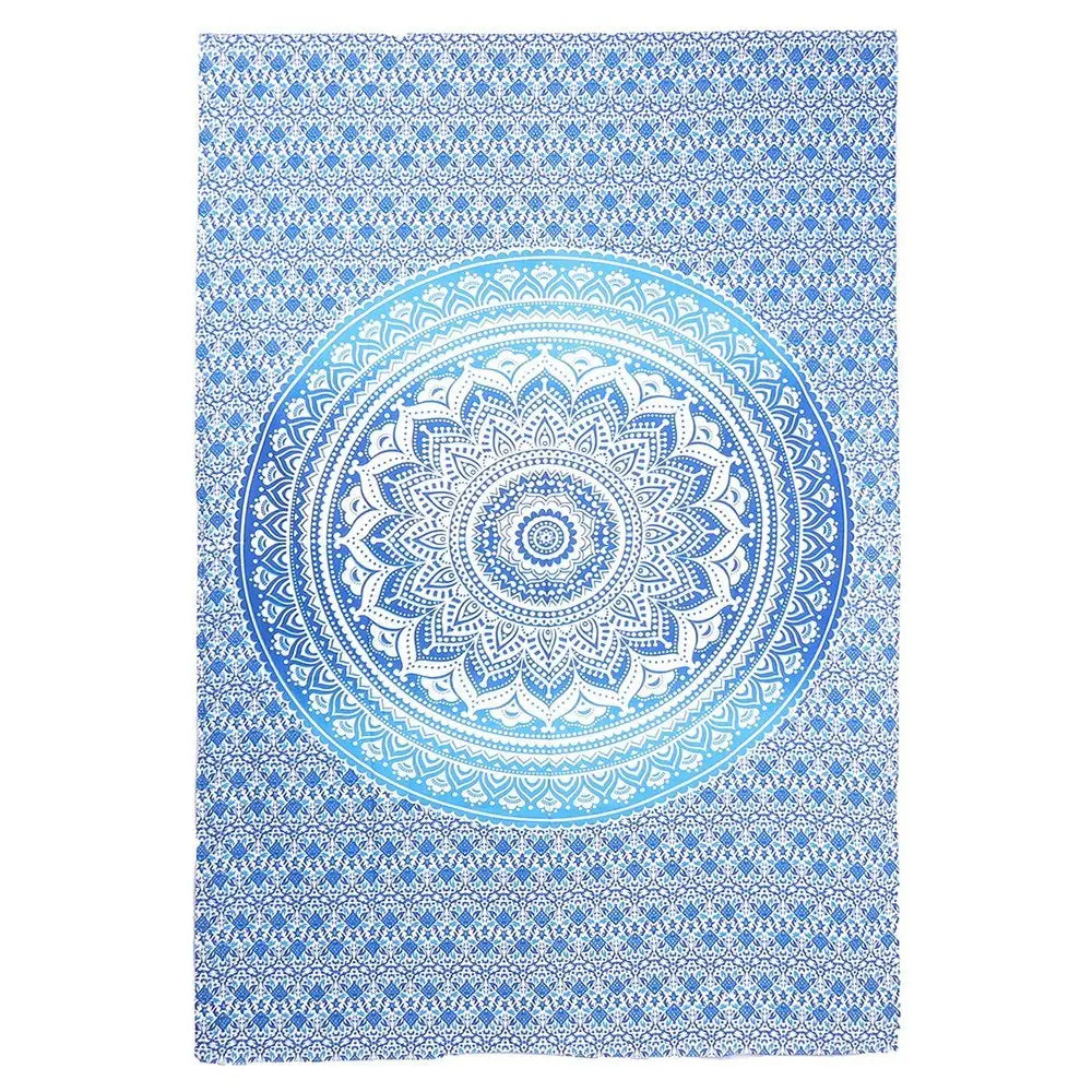 80" X 56" Blue And White Mandala Cotton Hanging Tapestry - NOBLE HOME INTERIORS