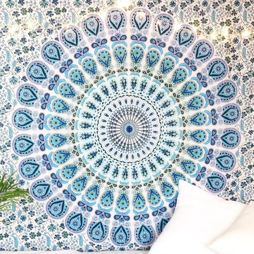 80" X 56" Blue And White Mandala Cotton Hanging Tapestry - NOBLE HOME INTERIORS