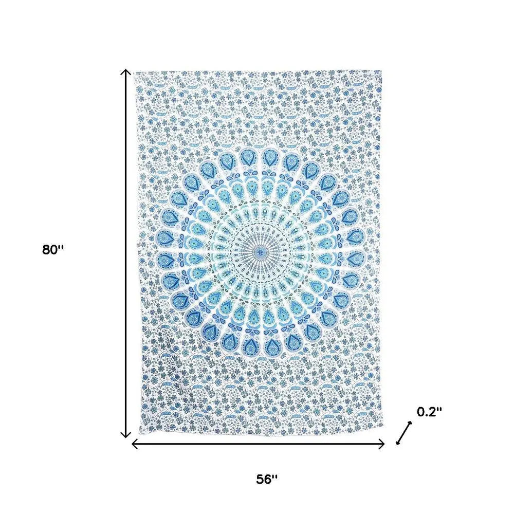 80" X 56" Blue And White Mandala Cotton Hanging Tapestry - NOBLE HOME INTERIORS
