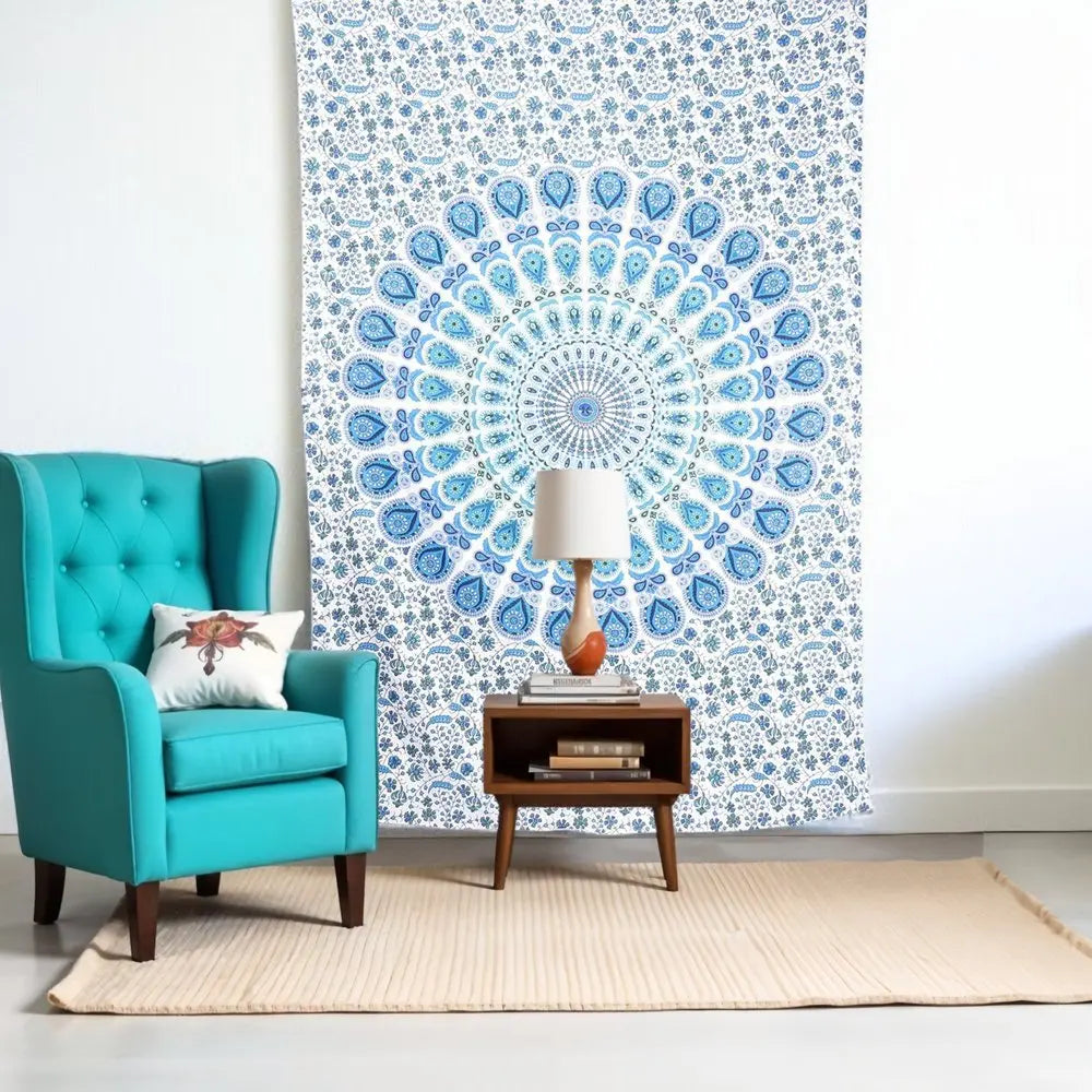 80" X 56" Blue And White Mandala Cotton Hanging Tapestry - NOBLE HOME INTERIORS