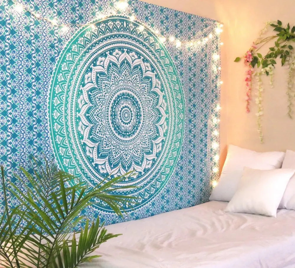 80" X 56" Blue And White Mandala Cotton Hanging Tapestry - NOBLE HOME INTERIORS