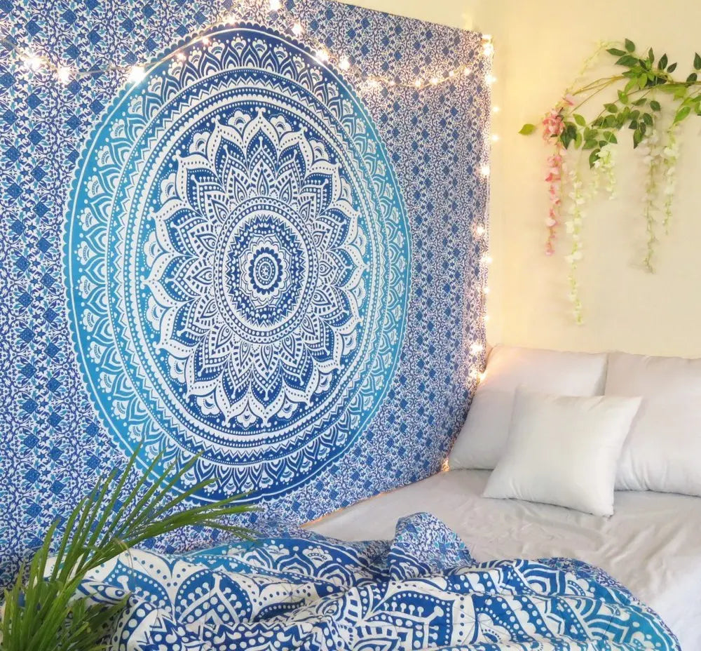 80" X 56" Blue And White Mandala Cotton Hanging Tapestry - NOBLE HOME INTERIORS