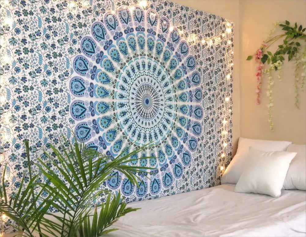 80" X 56" Blue And White Mandala Cotton Hanging Tapestry - NOBLE HOME INTERIORS