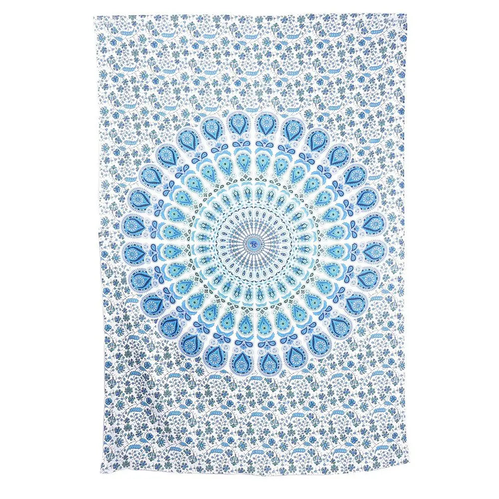 80" X 56" Blue And White Mandala Cotton Hanging Tapestry - NOBLE HOME INTERIORS