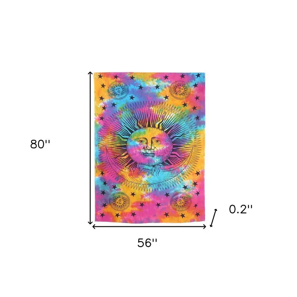 80" X 56" Blue Pink And Yellow Cotton Hanging Tapestry - NOBLE HOME INTERIORS