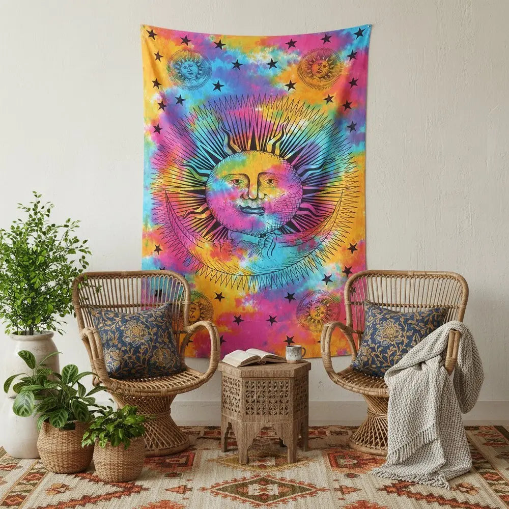 80" X 56" Blue Pink And Yellow Cotton Hanging Tapestry - NOBLE HOME INTERIORS
