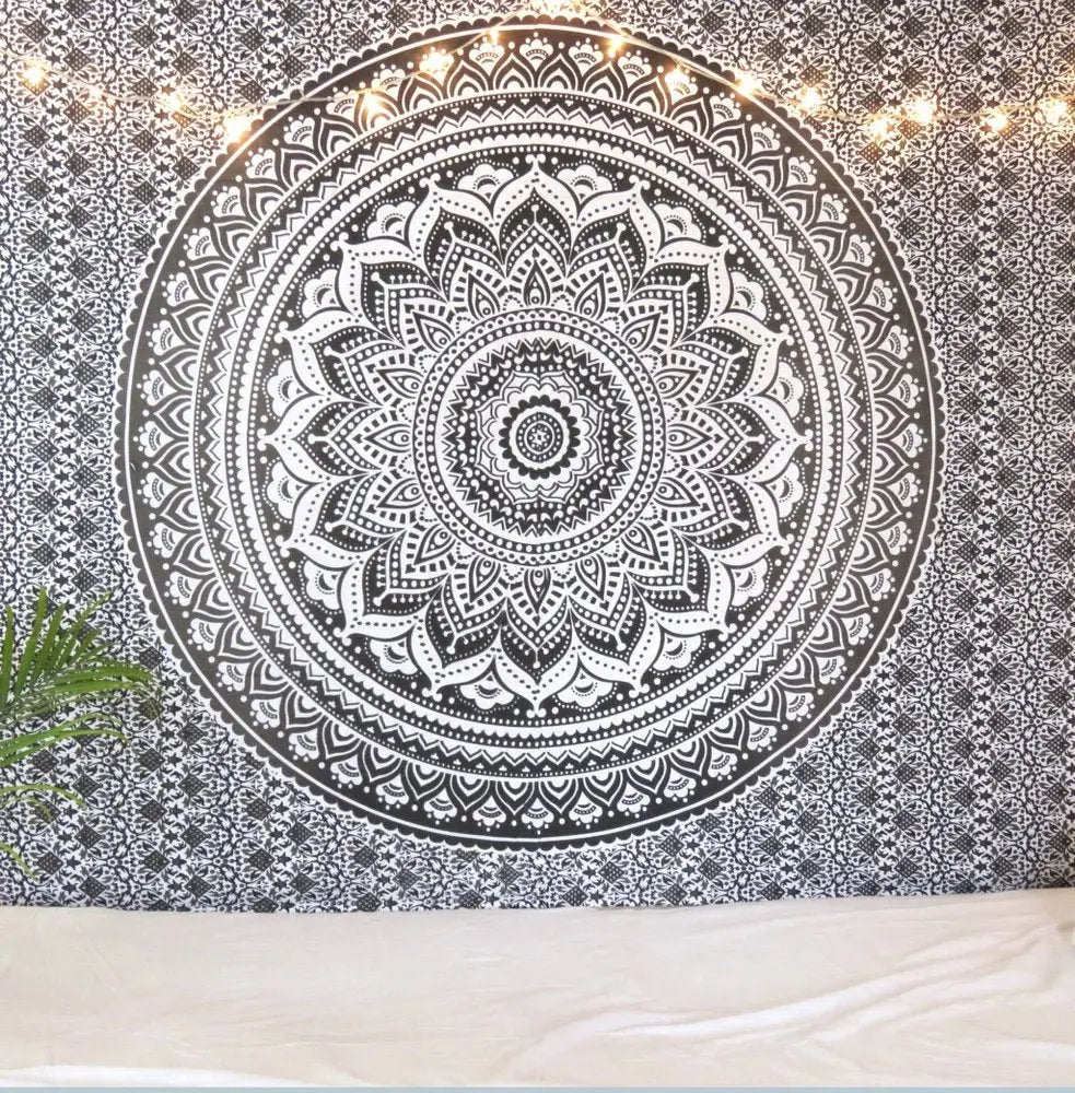 80" X 56" Gray And White Mandala Cotton Hanging Tapestry - NOBLE HOME INTERIORS