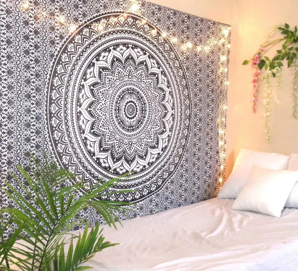 80" X 56" Gray And White Mandala Cotton Hanging Tapestry - NOBLE HOME INTERIORS