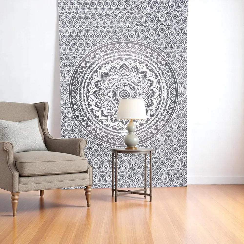 80" X 56" Gray And White Mandala Cotton Hanging Tapestry - NOBLE HOME INTERIORS