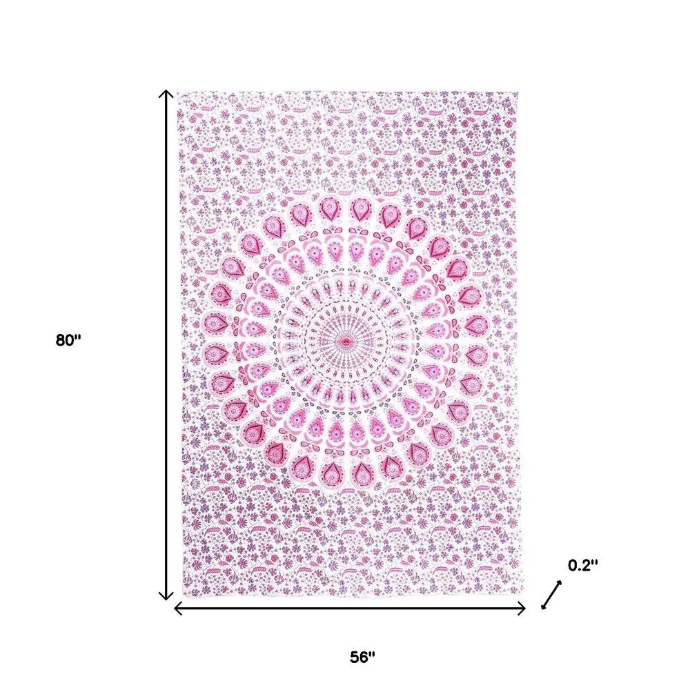 80" X 56" Pink And White Mandala Cotton Hanging Tapestry - NOBLE HOME INTERIORS