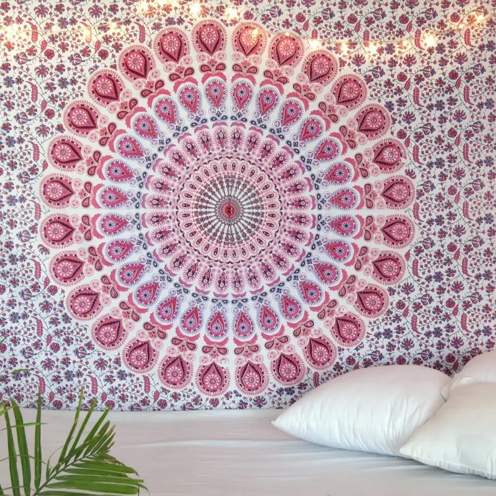 80" X 56" Pink And White Mandala Cotton Hanging Tapestry - NOBLE HOME INTERIORS