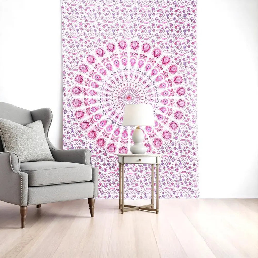 80" X 56" Pink And White Mandala Cotton Hanging Tapestry - NOBLE HOME INTERIORS