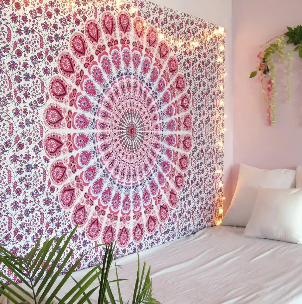 80" X 56" Pink And White Mandala Cotton Hanging Tapestry - NOBLE HOME INTERIORS
