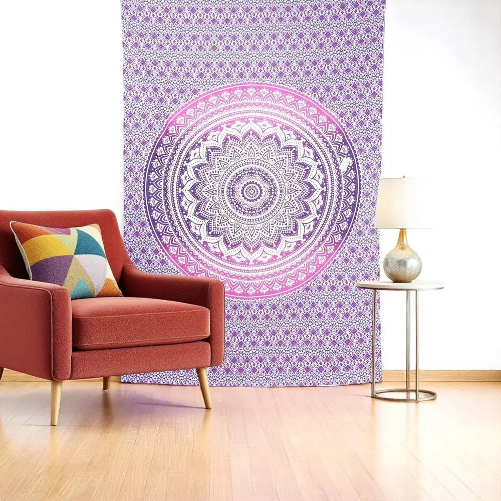 80" X 56" Purple And White Mandala Cotton Hanging Tapestry - NOBLE HOME INTERIORS