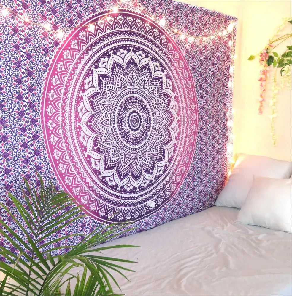 80" X 56" Purple And White Mandala Cotton Hanging Tapestry - NOBLE HOME INTERIORS
