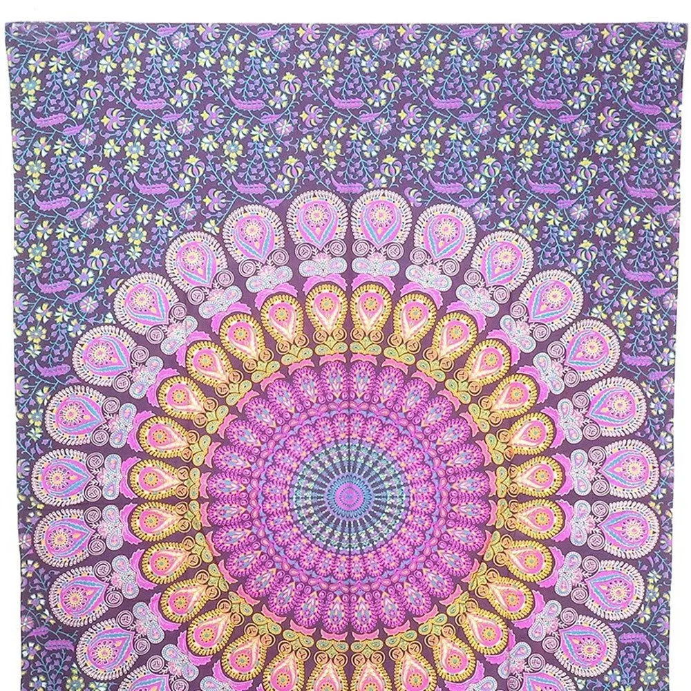 80" X 56" Purple Pink And Yellow Mandala Cotton Hanging Tapestry - NOBLE HOME INTERIORS