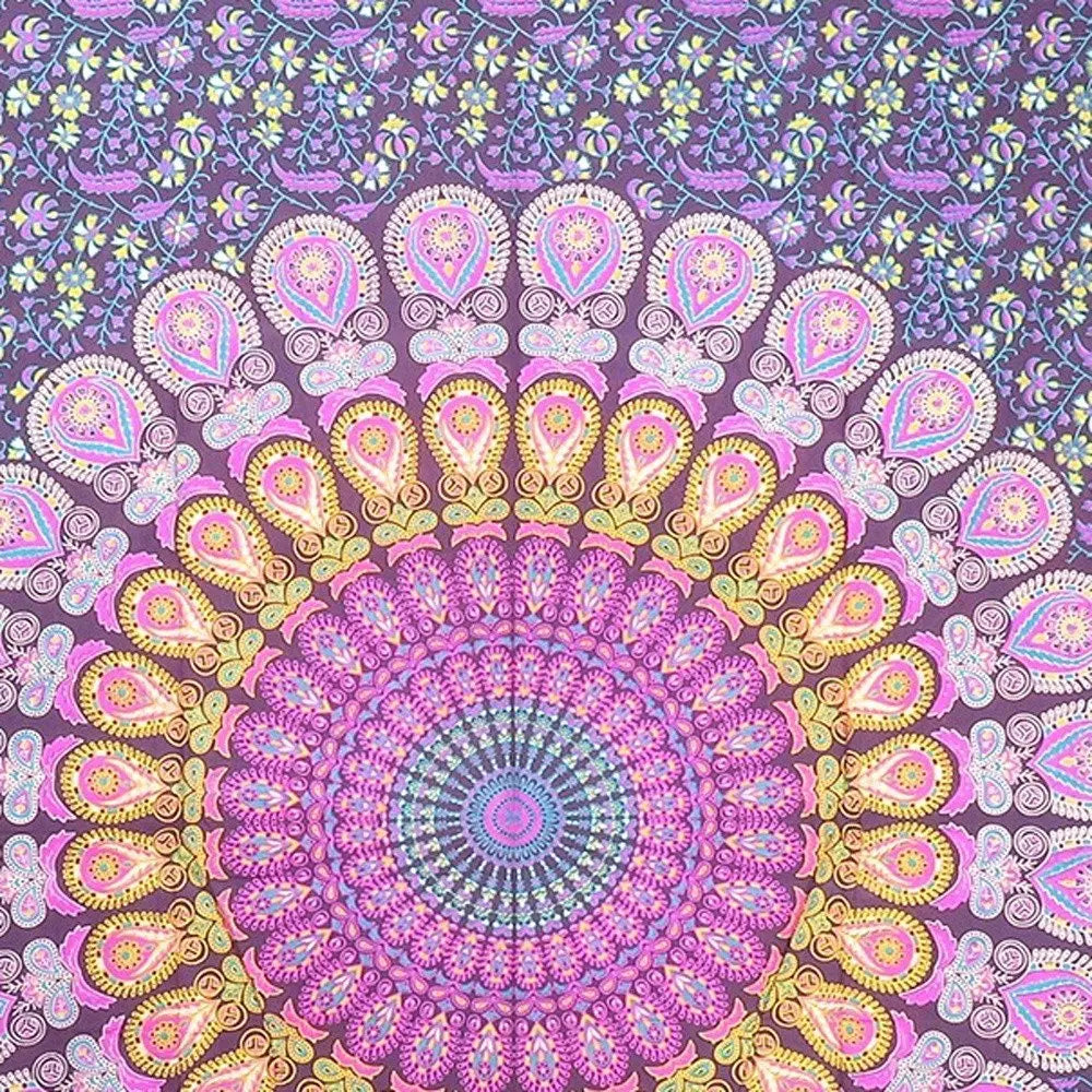 80" X 56" Purple Pink And Yellow Mandala Cotton Hanging Tapestry - NOBLE HOME INTERIORS
