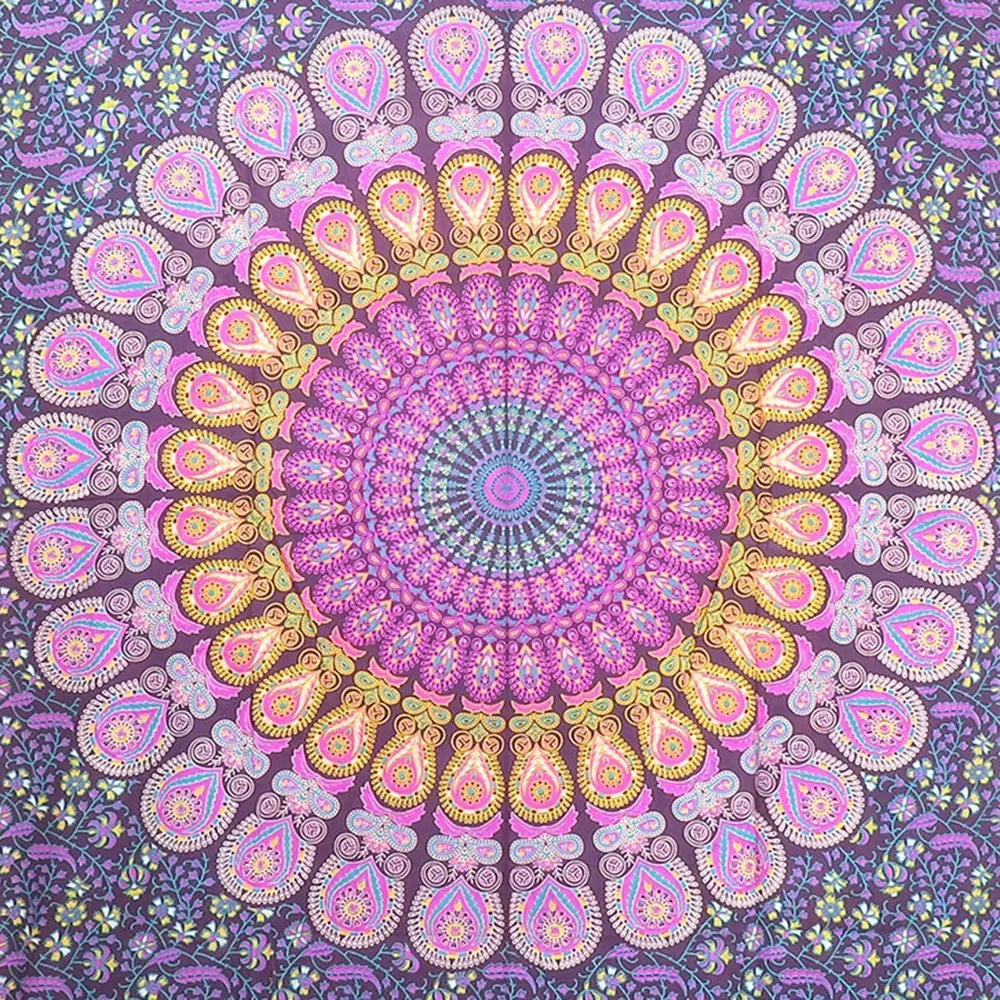 80" X 56" Purple Pink And Yellow Mandala Cotton Hanging Tapestry - NOBLE HOME INTERIORS