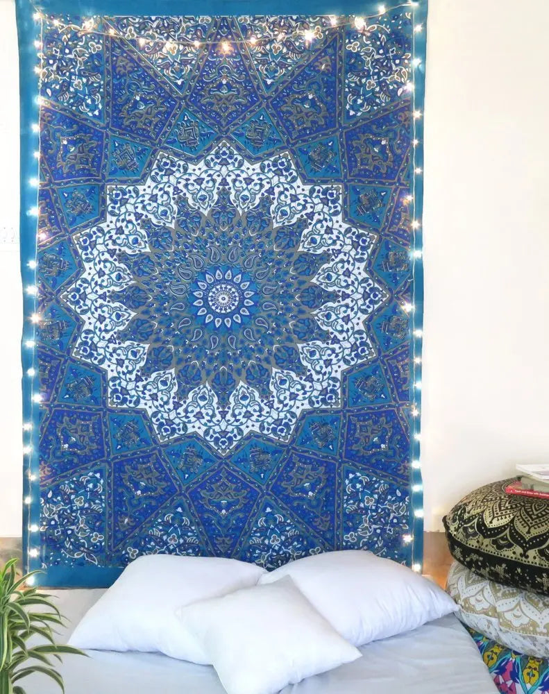 80" X 56" Royal Blue Mandala Cotton Hanging Tapestry - NOBLE HOME INTERIORS