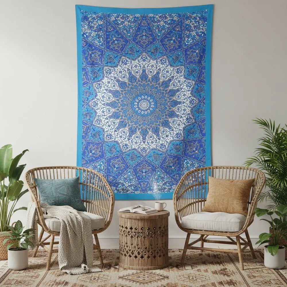 80" X 56" Royal Blue Mandala Cotton Hanging Tapestry - NOBLE HOME INTERIORS