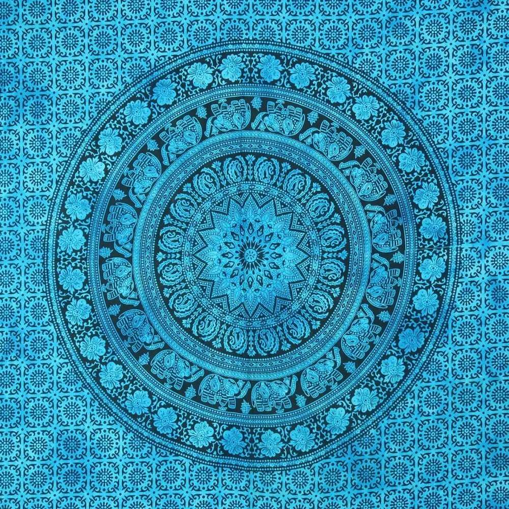 80" X 56" Turquoise And Black Mandala Cotton Hanging Tapestry - NOBLE HOME INTERIORS