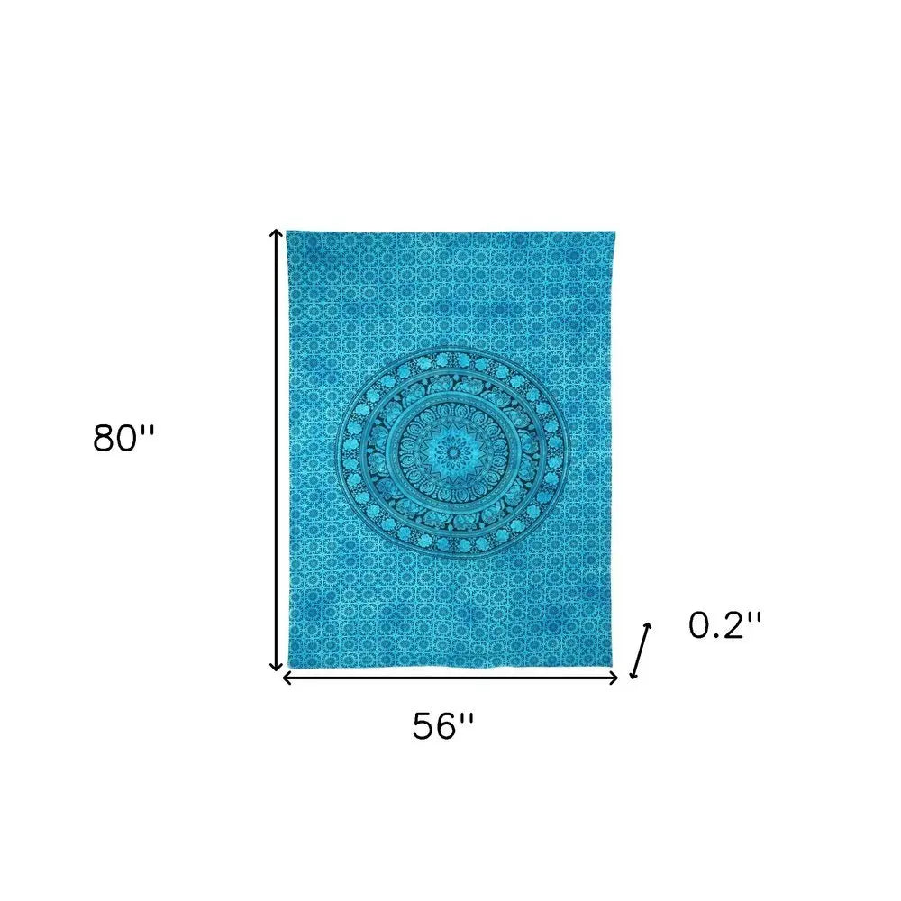 80" X 56" Turquoise And Black Mandala Cotton Hanging Tapestry - NOBLE HOME INTERIORS