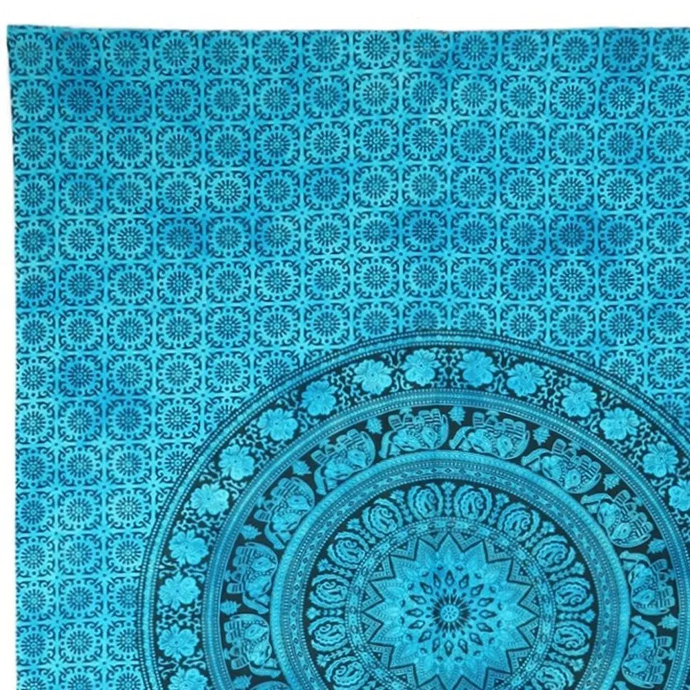 80" X 56" Turquoise And Black Mandala Cotton Hanging Tapestry - NOBLE HOME INTERIORS