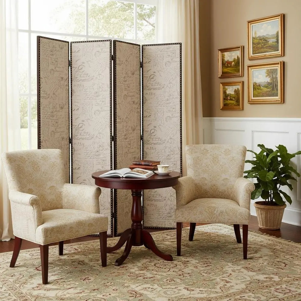 80 X 84 Beige Wood & Fabric Screen - NOBLE HOME INTERIORS