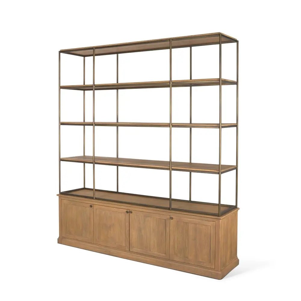 82" Antiqued Brass And Light Brown Distressed Metal and Solid Wood Three Tier Bookcase with Four Doors HomeRoots