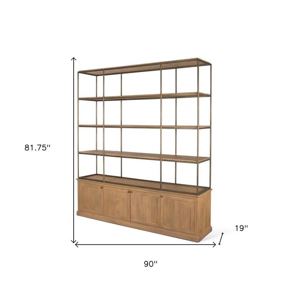 82" Antiqued Brass And Light Brown Distressed Metal and Solid Wood Three Tier Bookcase with Four Doors HomeRoots
