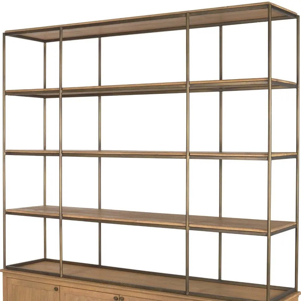 82" Antiqued Brass And Light Brown Distressed Metal and Solid Wood Three Tier Bookcase with Four Doors HomeRoots