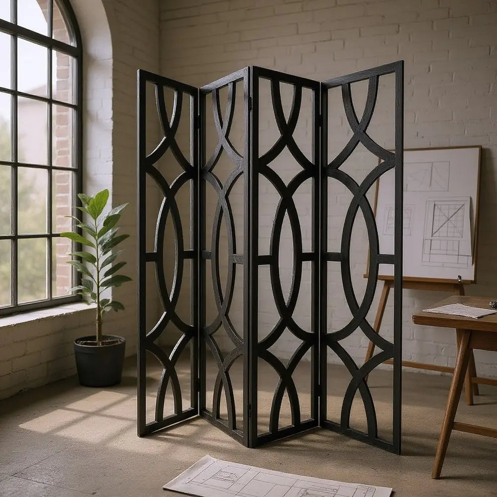84" Black Solid Wood Folding Four Panel Screen Room Divider - NOBLE HOME INTERIORS