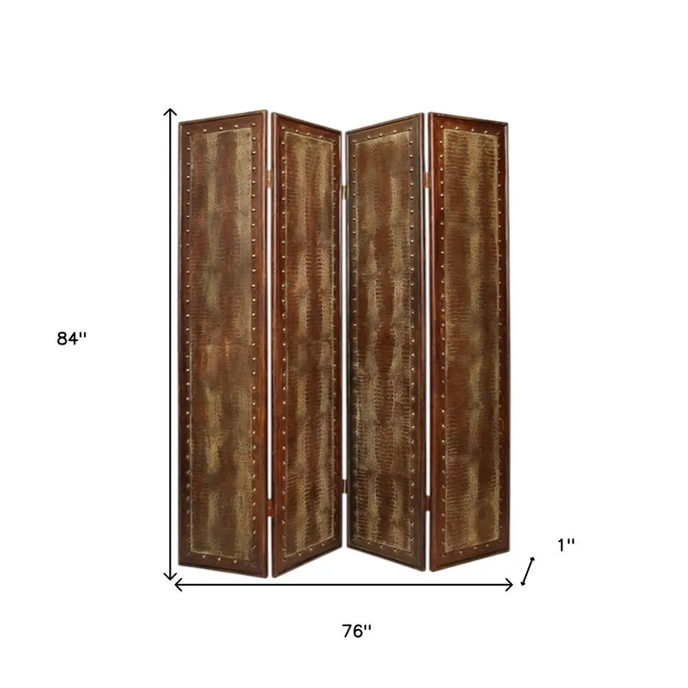 84" Brown Faux Leather Folding Four Panel Screen Room Divider - NOBLE HOME INTERIORS