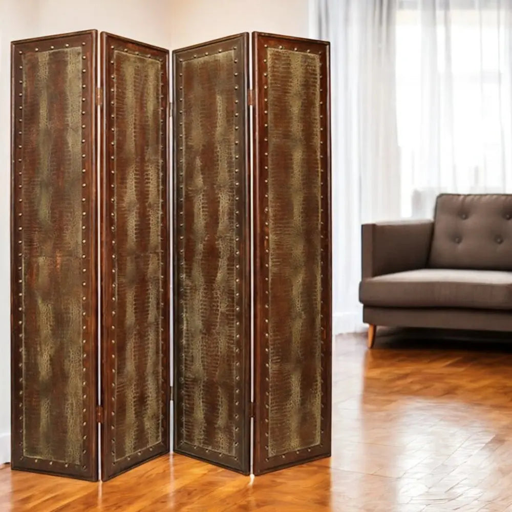 84" Brown Faux Leather Folding Four Panel Screen Room Divider - NOBLE HOME INTERIORS