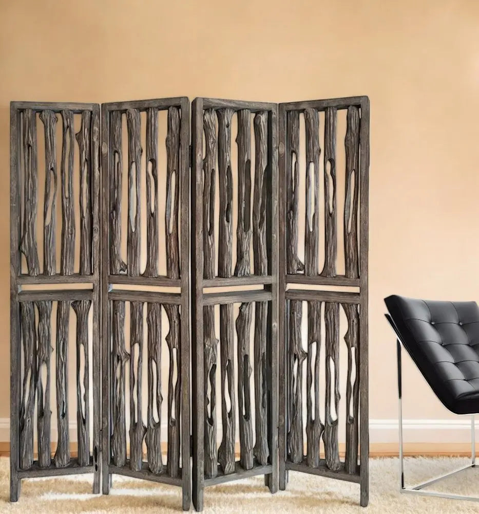 84" Brown Wood Folding Four Panel Screen Room Divider - NOBLE HOME INTERIORS