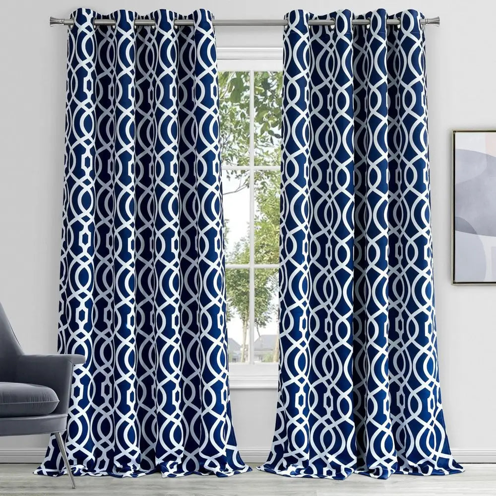 84" Navy Blue Trellis Black Out Window Curtain Panel - NOBLE HOME INTERIORS