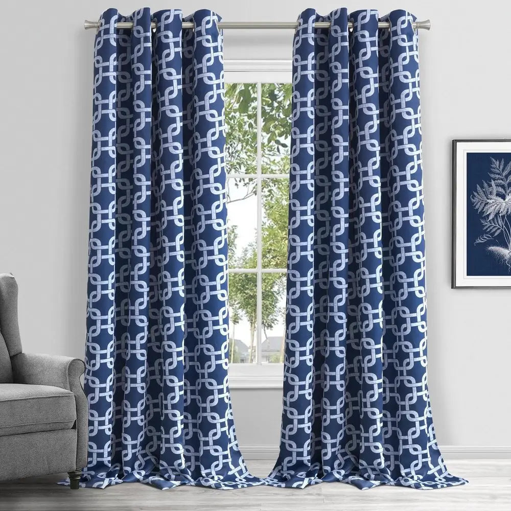 84” Navy Interlock Pattern Window Curtain Panel - NOBLE HOME INTERIORS