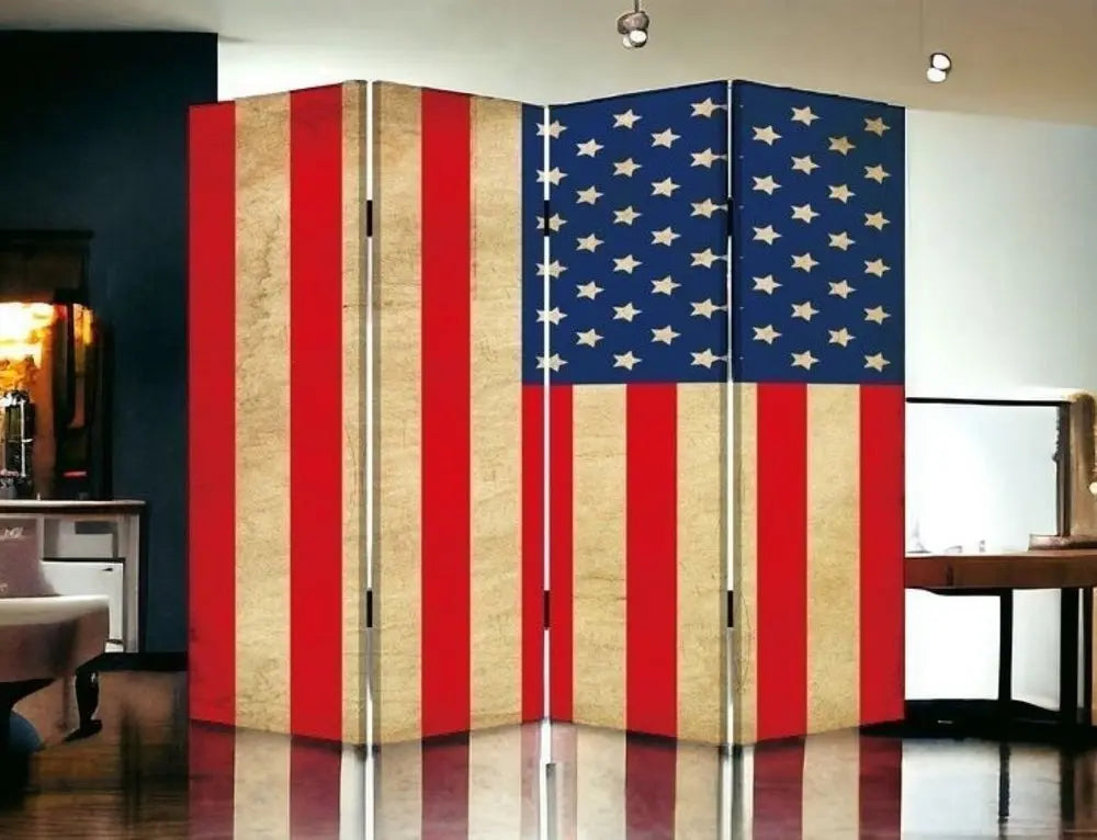 84" Red Natural And Blue American Flag Reversible Canvas Folding Four Panel Room Divider - NOBLE HOME INTERIORS