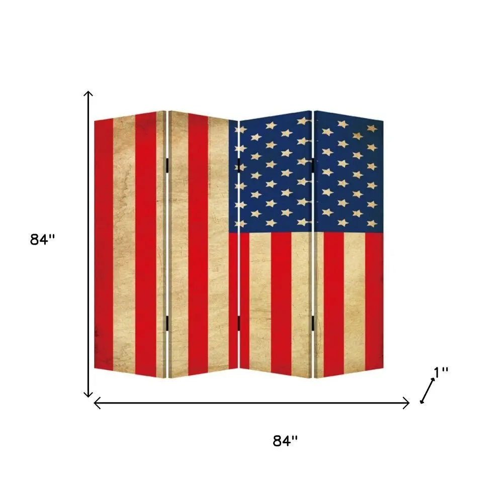 84" Red Natural And Blue American Flag Reversible Canvas Folding Four Panel Room Divider - NOBLE HOME INTERIORS