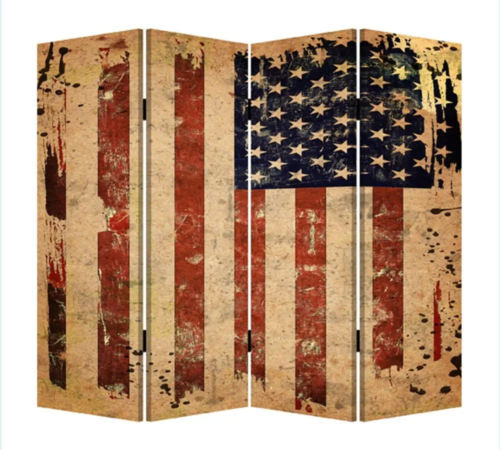 84" Red Natural And Blue American Flag Reversible Canvas Folding Four Panel Room Divider - NOBLE HOME INTERIORS