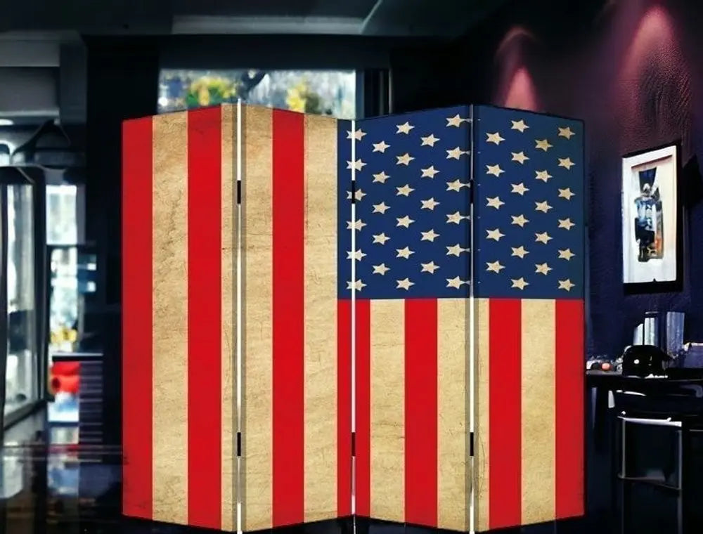 84" Red Natural And Blue American Flag Reversible Canvas Folding Four Panel Room Divider - NOBLE HOME INTERIORS