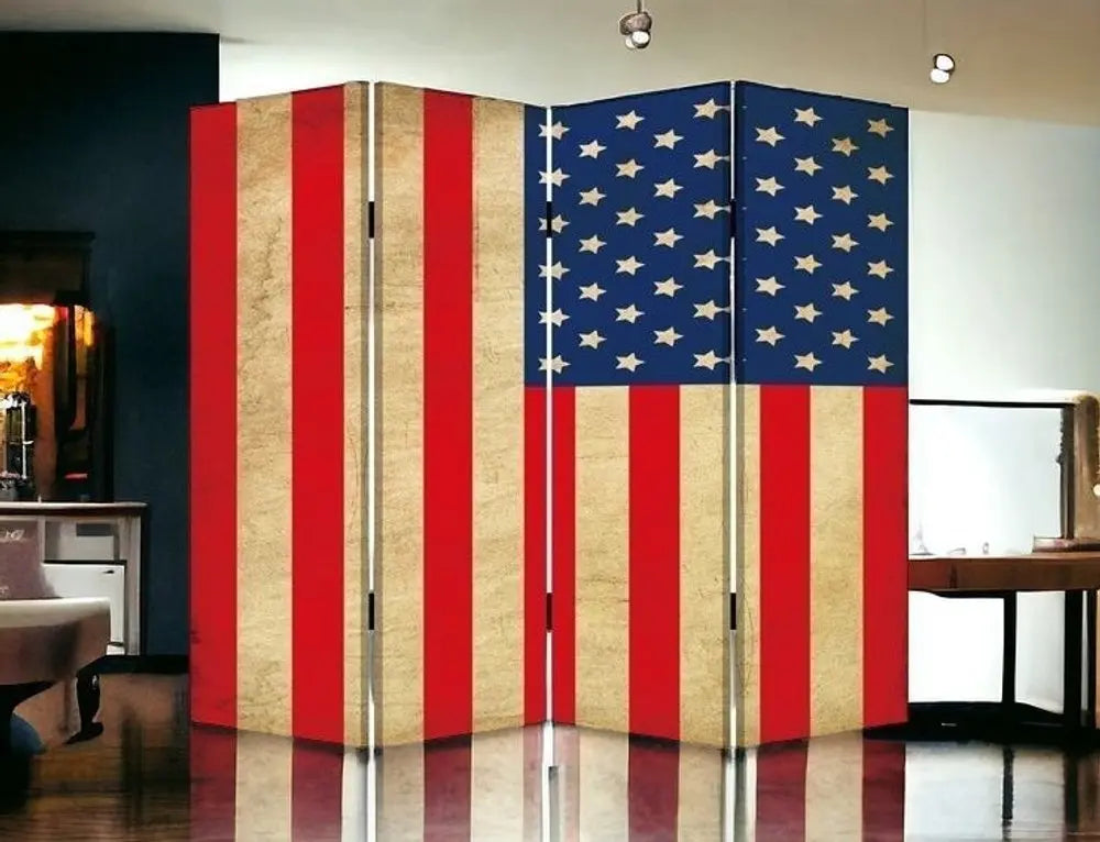 84" Red Natural And Blue American Flag Reversible Canvas Folding Four Panel Room Divider - NOBLE HOME INTERIORS