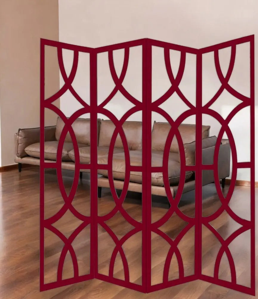 84" Red Solid Wood Folding Four Panel Screen Room Divider - NOBLE HOME INTERIORS