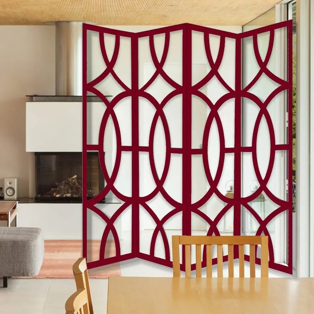 84" Red Solid Wood Folding Four Panel Screen Room Divider - NOBLE HOME INTERIORS